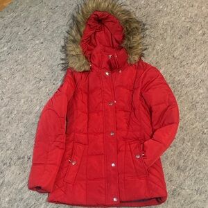 Tommy Hilfiger Red Puffer Jacket with Faux Fur Hood